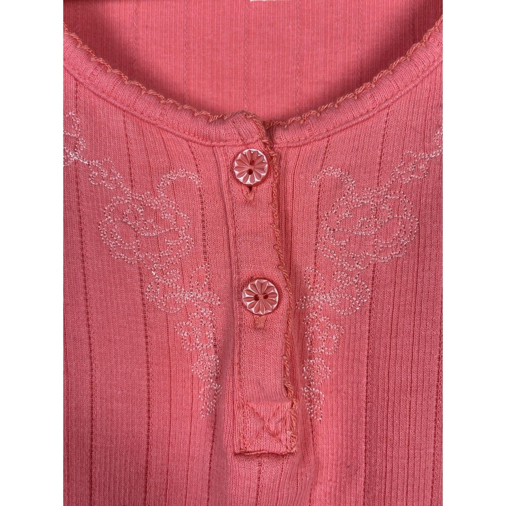 Basic Editions Women’s XL Pink Ribbed Cotton Henley Top Short Sleeve Floral - Picture 3 of 8